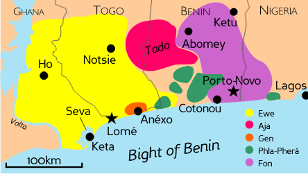 Map showing the distribution of Ewe and the other Gbe languages in Ghana, Togo, Benin and Nigeria